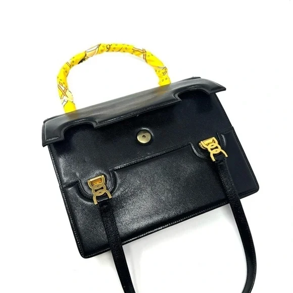 Gucci Vintage 60s Black Leather Top Handle Bag